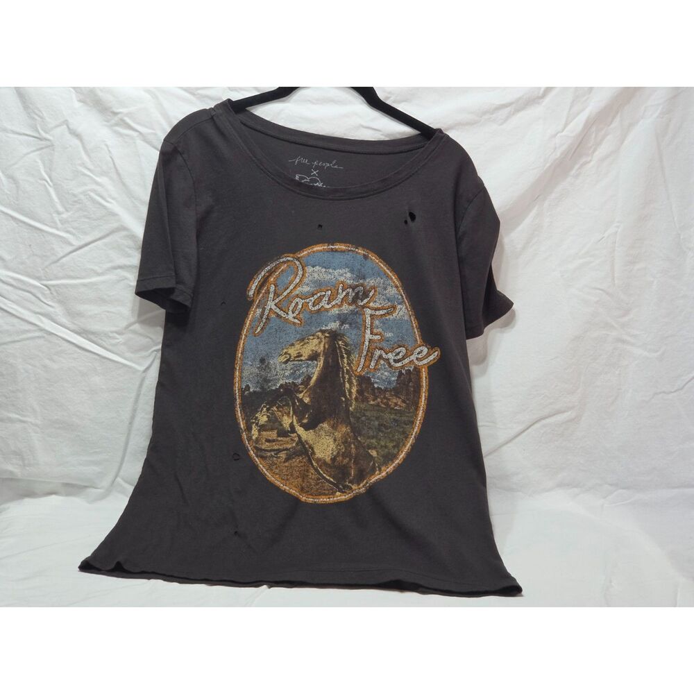 Free People We The Free Roam Free Distressed Horse Graphic Tee Charcoal Black M